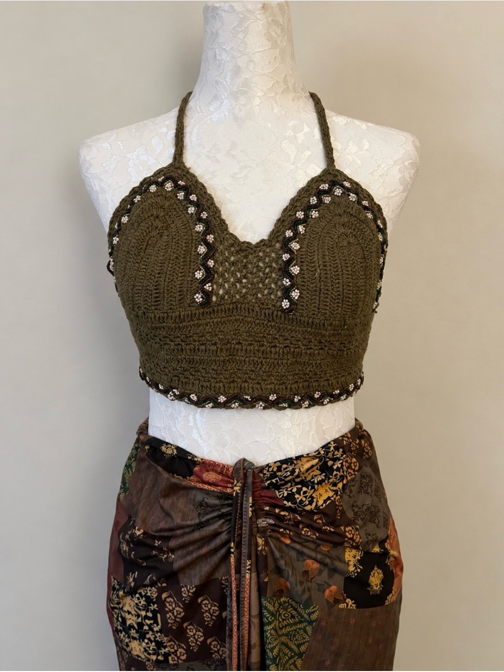 Handmade Olive Green Crochet Halter Crop Top